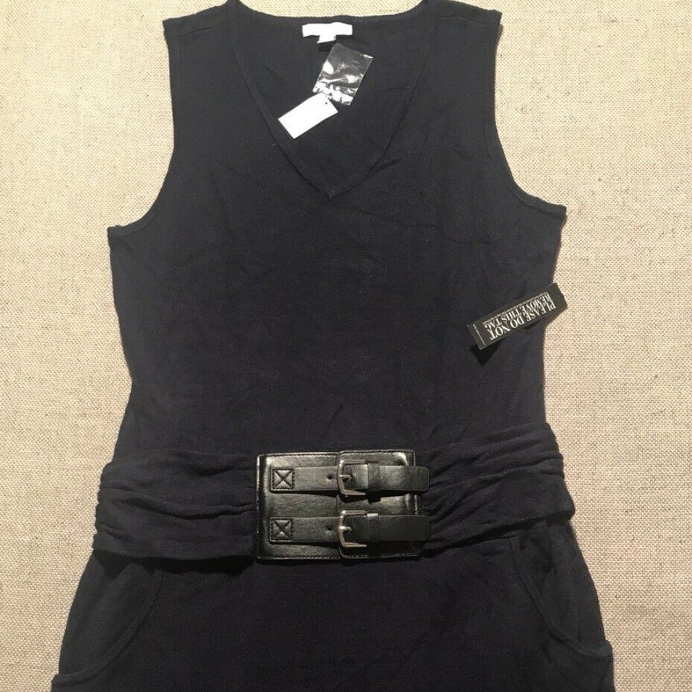 NY & CO Navy Blue Belted Knit Dress Sz Medium NEW